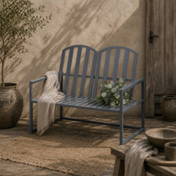 Wyld Haus Yoraha Steel Grey Outdoor Garden Bench Loveseat - Slatted Seat, High Back And Armrests, L108 X D63 X H80.5Cm