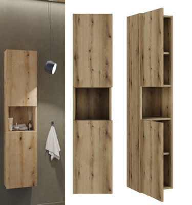 Impact Furniture Bathroom Wall Cabinet Tall Slim 2 Door Floating Storage Unit Oak Effect Narrow Tallboy Nova - image 1