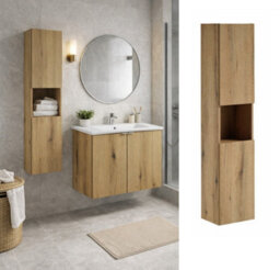Impact Furniture Bathroom Wall Cabinet Tall Slim 2 Door Floating Storage Unit Oak Effect Narrow Tallboy Nova - thumbnail 6