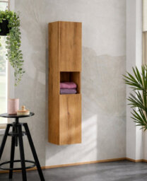 Impact Furniture Bathroom Wall Cabinet Tall Slim 2 Door Floating Storage Unit Oak Effect Narrow Tallboy Nova - thumbnail 4