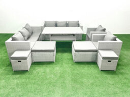 Fimous Rattan Garden Furniture Dining Set 12 Seater Lounge Sofa Chair Dining Table Set 4 Stools Light Grey - thumbnail 2