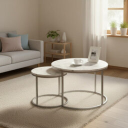 Paola Set Of 2 Modern Round Coffee Tables With Contemporary Design White Marble Silver - thumbnail 1