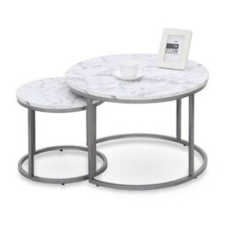 Paola Set Of 2 Modern Round Coffee Tables With Contemporary Design White Marble Silver - thumbnail 2