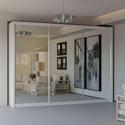 Sliding Wardrobes 4 u LTD Double Mirror Sliding Door Wardrobe Sleek Design Comes In Width 90/100/120/150/180/203/250Cm(White W250Cm X H217Cm) - image 1