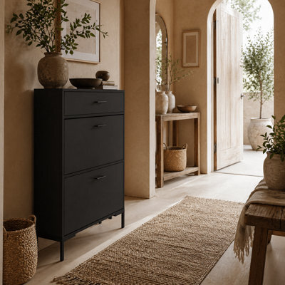 Wyld Haus Sopane Slim Black Shoe Cabinet With 3 Tilt-Out Drawers, Top Storage Drawer, Metal Legs - Fits Up To 12 Pairs - image 1