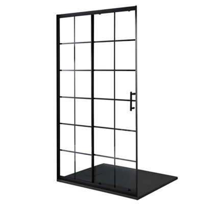 Homestylestore Black Grid Sliding Door Shower Enclosure And Graphite Slate Effect Tray 1400 X 800mm - image 1