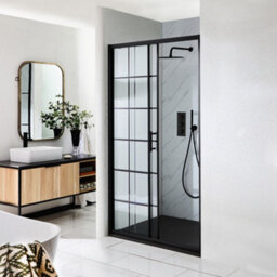 Homestylestore Black Grid Sliding Door Shower Enclosure And Graphite Slate Effect Tray 1400 X 800mm - thumbnail 2