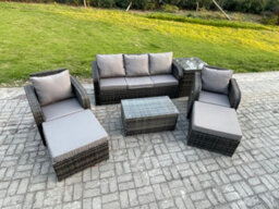 Fimous 7 Seater Rattan Garden Furniture Set Patio Outdoor Lounge Sofa Set With Rectangular Coffee Table 2 Big Footstool - thumbnail 2