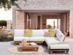 Beliani Garden Corner Sofa With Table 5 Seater Sanza Left Hand Modular Metal White - thumbnail 2