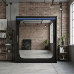 Bega Viii 180 Sliding Door Wardrobe Modern Black Design With Mirror Hanging Rail And Spacious Shelves With Led - thumbnail 5