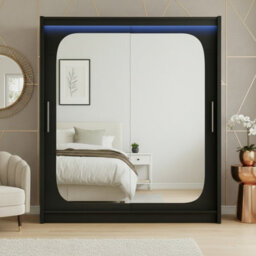 Bega Viii 180 Sliding Door Wardrobe Modern Black Design With Mirror Hanging Rail And Spacious Shelves With Led - thumbnail 1