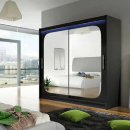 Bega Viii 180 Sliding Door Wardrobe Modern Black Design With Mirror Hanging Rail And Spacious Shelves With Led - thumbnail 2