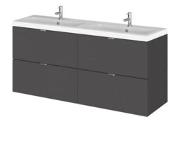 Hudson Reed Fusion Wall Hung 4 Drawer Vanity Unit & Twin Ceramic Basin, Stylish Sink Vanity Unit, Gloss Grey, 1200mm - thumbnail 2