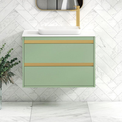 Royal Bathrooms Orion 800mm Mint Sage Wall Hung Plain White Countertop Vanity Unit 2 Drawer With Qubix Basin & Brushed Brass Accent Trim - image 1