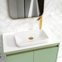 Royal Bathrooms Orion 800mm Mint Sage Wall Hung Plain White Countertop Vanity Unit 2 Drawer With Qubix Basin & Brushed Brass Accent Trim - thumbnail 5