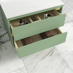 Royal Bathrooms Orion 800mm Mint Sage Wall Hung Plain White Countertop Vanity Unit 2 Drawer With Qubix Basin & Brushed Brass Accent Trim - thumbnail 4
