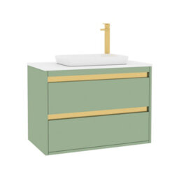 Royal Bathrooms Orion 800mm Mint Sage Wall Hung Plain White Countertop Vanity Unit 2 Drawer With Qubix Basin & Brushed Brass Accent Trim - thumbnail 6