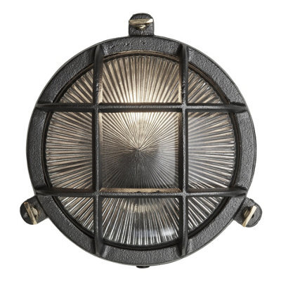 Industville Bulkhead Outdoor & Bathroom Round Wall Light - 8 Inch, Black, Ribbed Glass - image 1