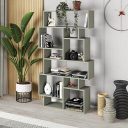 Decortie Karmato Modern Bookcase Shelving Unit Display Unit With 10 Compartments Ash Green 168.5Cm Tall