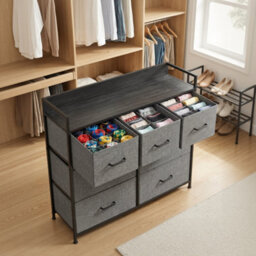 LEDREM Chest Of Drawers, Bedroom Cabinet, 7 Fabric Drawers With Handles, Metal Frame, Slate Grey And Anthracite Grey - thumbnail 6