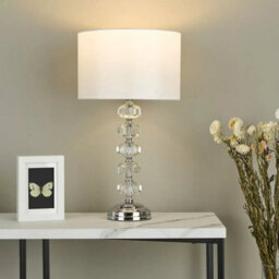 Xample Oleana Polished Chrome Glass Crystal Table Lamp With Ivory Faux Silk Shade Elegant Crystal Beaded Base, E27 Bulb, 52Cm Height