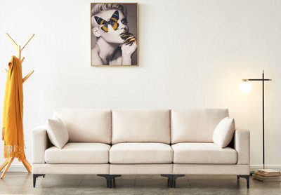Multifunction Large Sofa, Creamy 3 Seater Sofa With Fabric Upholstery Padded Seat In Beige 235Cm Include 2 Pillows & Cushions - image 1