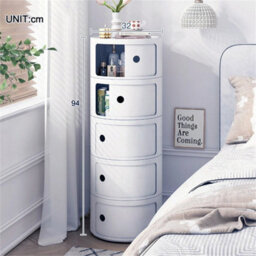 White - 5Tiers Cylindrical Round Storage Cabinet Cupboard Shelf Side End Table Shelf - thumbnail 3