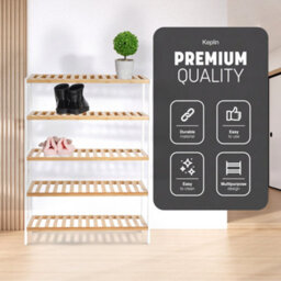 Keplin 5 Tier Natural Bamboo Shoe Rack 70 X 24.5 X 95Cm Easy Assembly & Strong Design Shelf Organiser, Black And Natural - thumbnail 4