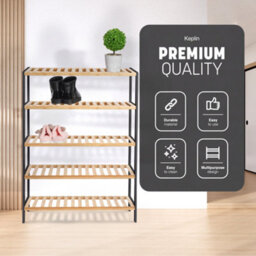 Keplin 5 Tier Natural Bamboo Shoe Rack 70 X 24.5 X 95Cm Easy Assembly & Strong Design Shelf Organiser, Black And Natural - thumbnail 3