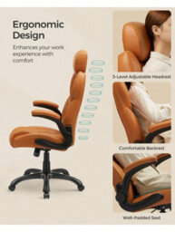Songmics Office Chair, Ergonomic Gaming Chair, Adjustable Headrest, Tilt Function, Foldable Armrests, Swivel Castors,caramel Brown - thumbnail 2