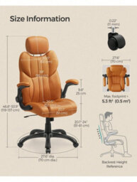 Songmics Office Chair, Ergonomic Gaming Chair, Adjustable Headrest, Tilt Function, Foldable Armrests, Swivel Castors,caramel Brown - thumbnail 5