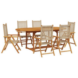 Berkfield 7 Piece Garden Dining Set Beige Poly Rattan And Solid Wood - thumbnail 2