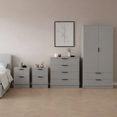 Lassic Vida Designs Trega 4 Piece Bedroom Set (2 Drawer Bedside Chest X2, 4 Drawer Chest, 2 Door 2 Drawer Wardrobe) Grey - image 1