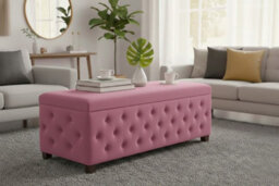 150Cm Wide Empire Ottoman Storage Box With Legs, Pink Velvet Chesterfield Upholstered Ottoman Footstool Coffee Table