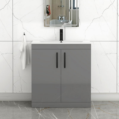 Royal Bathrooms Turin Indigo Grey Gloss 800mm Floor Standing Vanity Unit 2 Door With Minimalist Basin Sink & Matt Black Handles - image 1