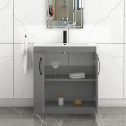 Royal Bathrooms Turin Indigo Grey Gloss 800mm Floor Standing Vanity Unit 2 Door With Minimalist Basin Sink & Matt Black Handles - thumbnail 5