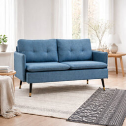 Wyld Haus Mado 2-Seater Fabric Sofa Dark Blue - Button Tufted, Steel Legs, 139Cm