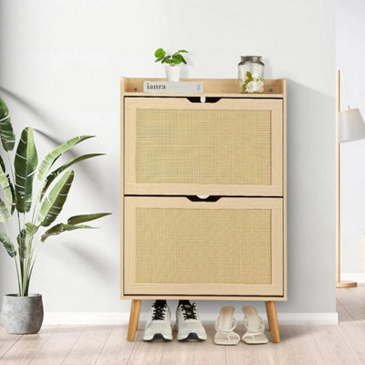 Oak Shoe Cabinet Hidden Shoe Storage With 2 Flip Rattan Flip-Drawer For Entryway - image 1