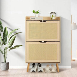 Oak Shoe Cabinet Hidden Shoe Storage With 2 Flip Rattan Flip-Drawer For Entryway - thumbnail 1