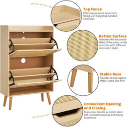 Oak Shoe Cabinet Hidden Shoe Storage With 2 Flip Rattan Flip-Drawer For Entryway - thumbnail 5