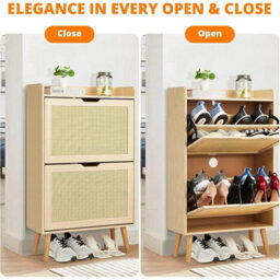 Oak Shoe Cabinet Hidden Shoe Storage With 2 Flip Rattan Flip-Drawer For Entryway - thumbnail 6