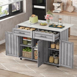 Matteo Grey & White Mdf Kitchen Island With Foldable Top, Wheels & Storage - thumbnail 2