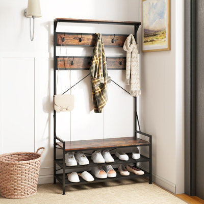 Costway Coat Rack 184 Cm Tall Hall Tree With 11 Hanging Hooks & Shoe Bench-Brown - image 1