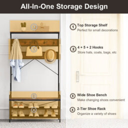 Costway Coat Rack 184 Cm Tall Hall Tree With 11 Hanging Hooks & Shoe Bench-Brown - thumbnail 4