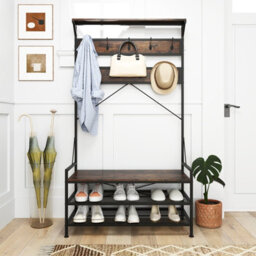 Costway Coat Rack 184 Cm Tall Hall Tree With 11 Hanging Hooks & Shoe Bench-Brown - thumbnail 7