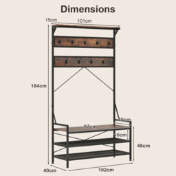 Costway Coat Rack 184 Cm Tall Hall Tree With 11 Hanging Hooks & Shoe Bench-Brown - thumbnail 3