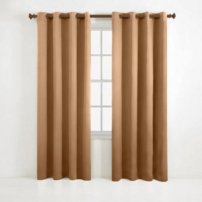 Aspire Homeware Plain Room Darkening Blackout Eyelet Curtain Pair Beige (W) 168Cm X (D)228Cm With Tie Back Pair - image 1