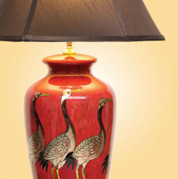 Downton Interiors Red Black Crane Oriental Chinese Ceramic Porcelain Table Lamp With Dark Shade - thumbnail 3