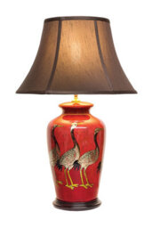 Downton Interiors Red Black Crane Oriental Chinese Ceramic Porcelain Table Lamp With Dark Shade