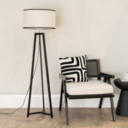Valuelights Lottie Black Wood Tripod Floor Lamp With Linen Black Trim Drum Shade